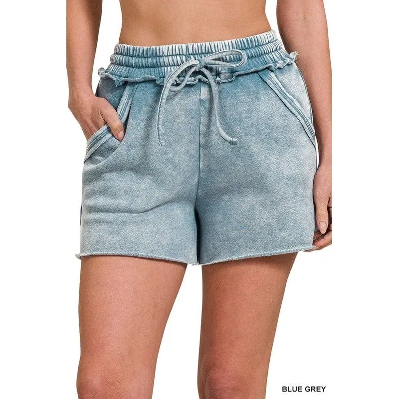 Acid Wash Fleece Drawstring Shorts With Pockets