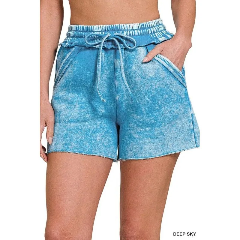 Acid Wash Fleece Drawstring Shorts With Pockets