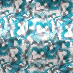 Aqua and White Painting Like Shades Abstract Charmeuse Polyester Fabric