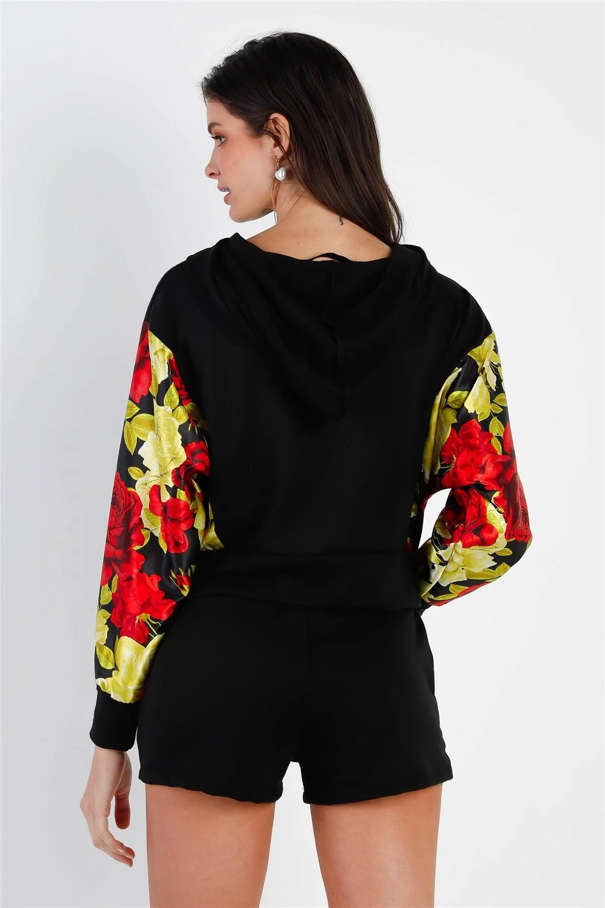 Black & Satin Effect Red & Lime Floral Print Hooded Top & Short Set /2-2-2