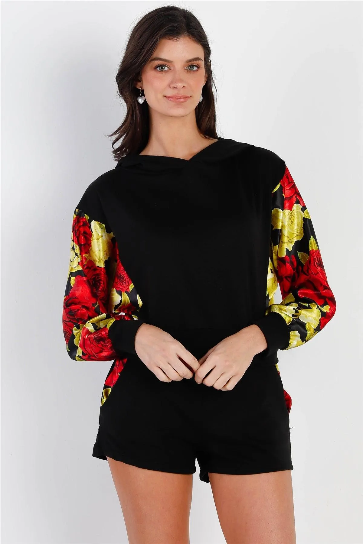 Black & Satin Effect Red & Lime Floral Print Hooded Top & Short Set /2-2-2