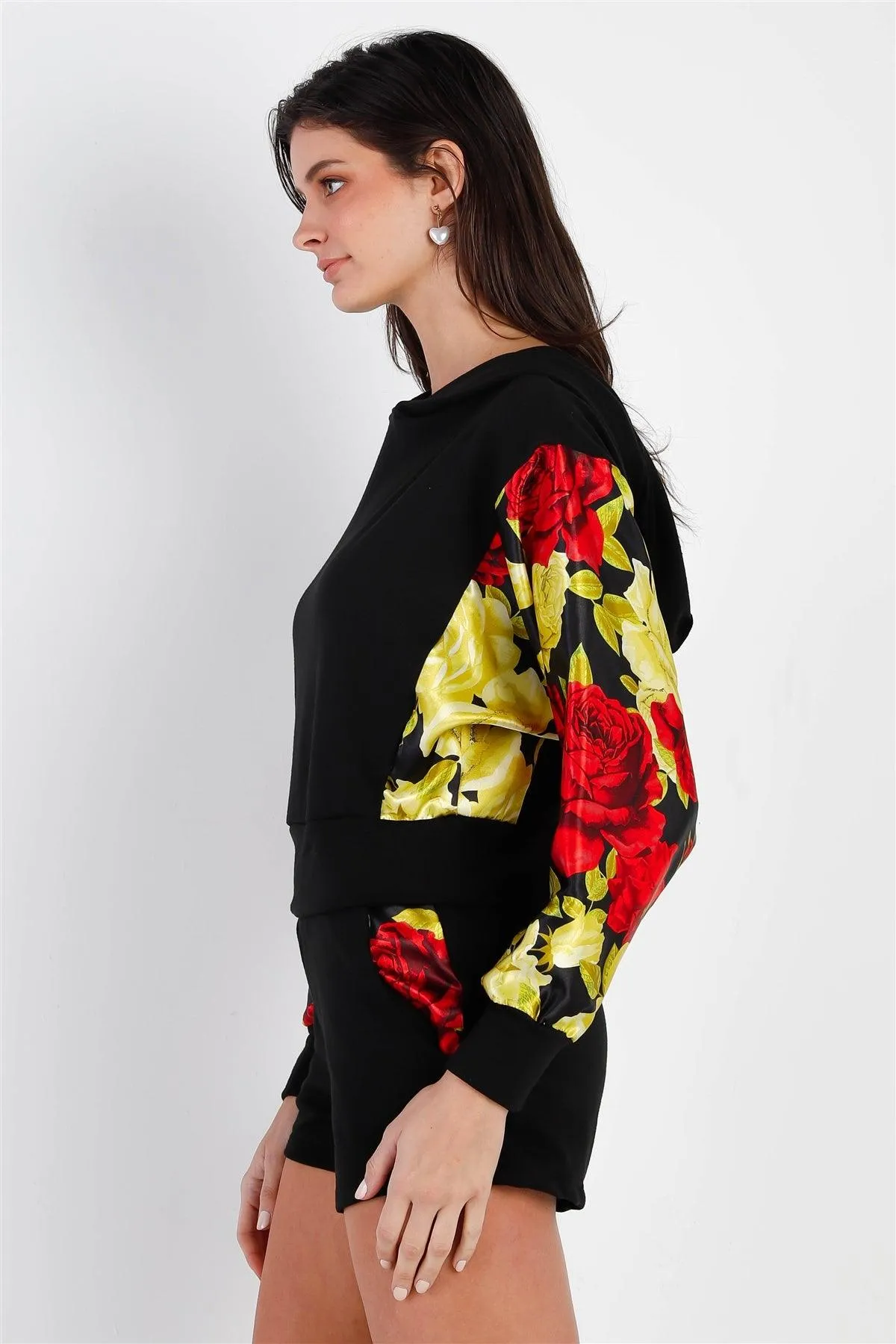 Black & Satin Effect Red & Lime Floral Print Hooded Top & Short Set /2-2-2