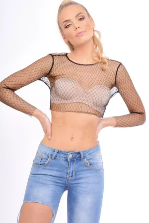 Black Mesh Diamond Long Sleeved Crop Top - Nadina