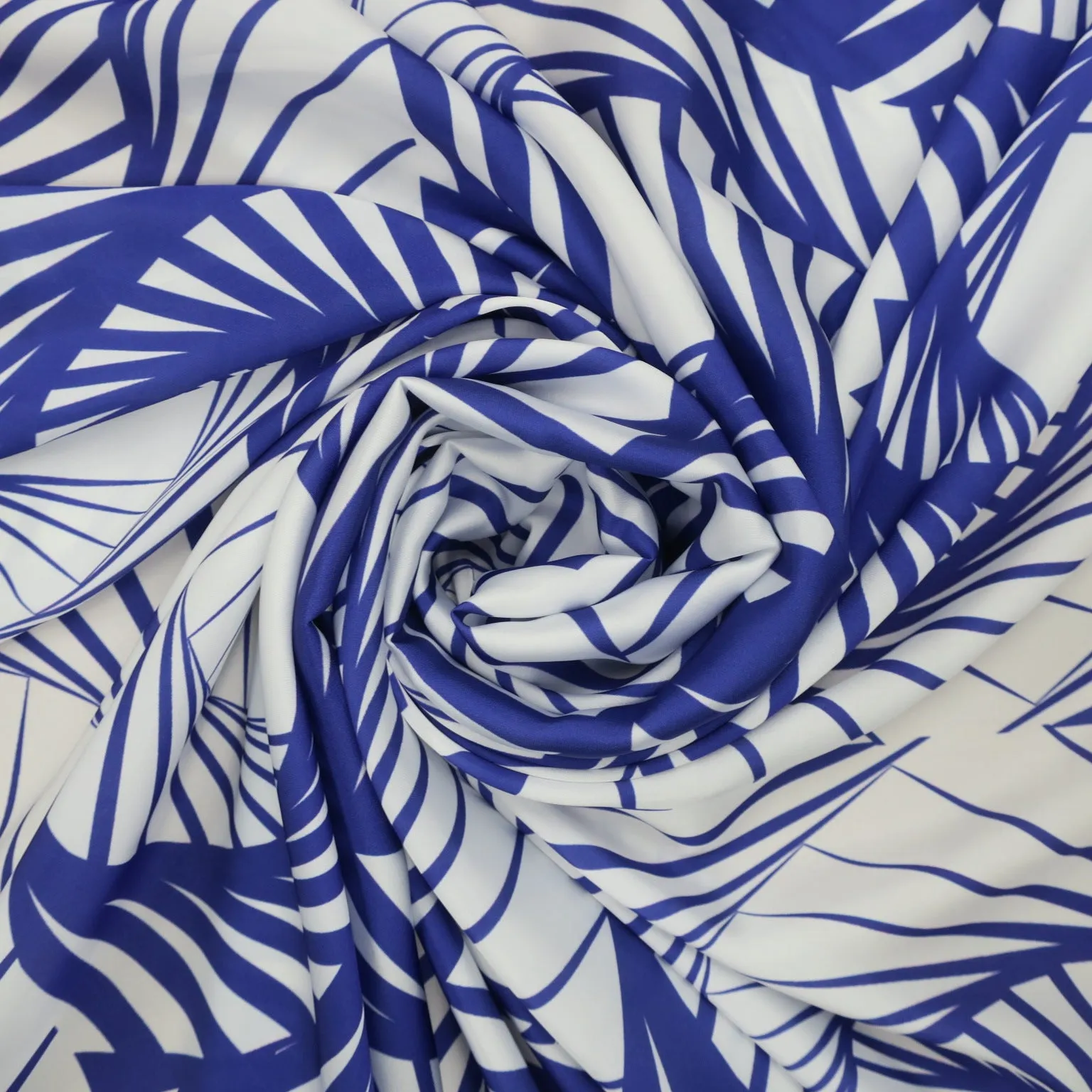 Blue Abstract on White Background Charmeuse Polyester Fabric