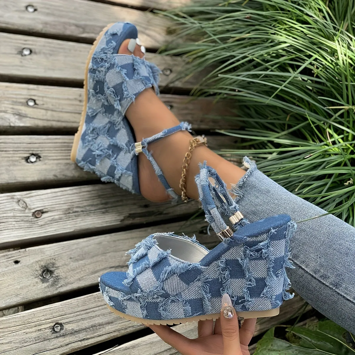 Checkered Women Denim  Open Toe Platform High  Slip  in Sandal Heel