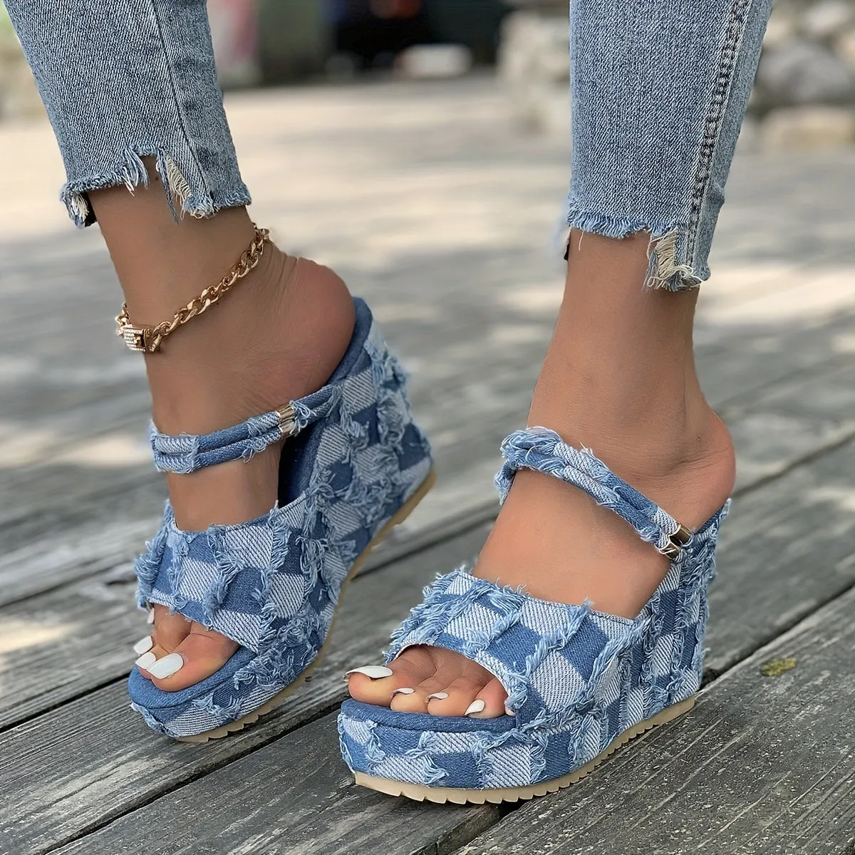 Checkered Women Denim  Open Toe Platform High  Slip  in Sandal Heel