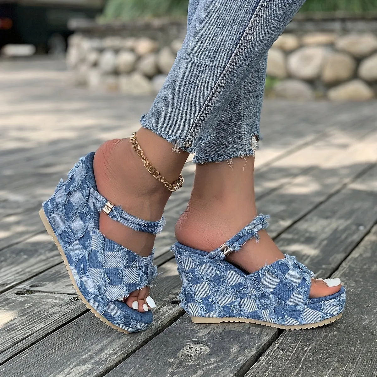 Checkered Women Denim  Open Toe Platform High  Slip  in Sandal Heel