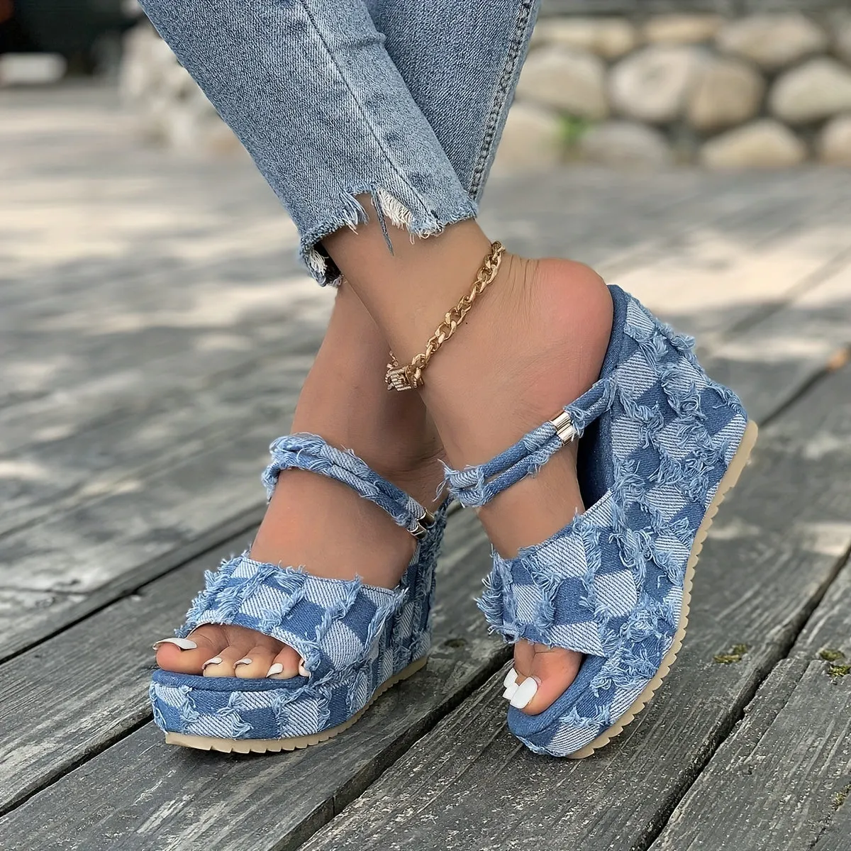 Checkered Women Denim  Open Toe Platform High  Slip  in Sandal Heel