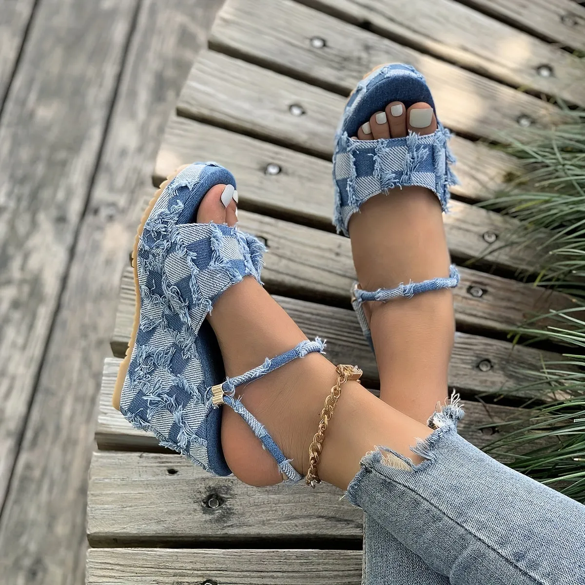 Checkered Women Denim  Open Toe Platform High  Slip  in Sandal Heel