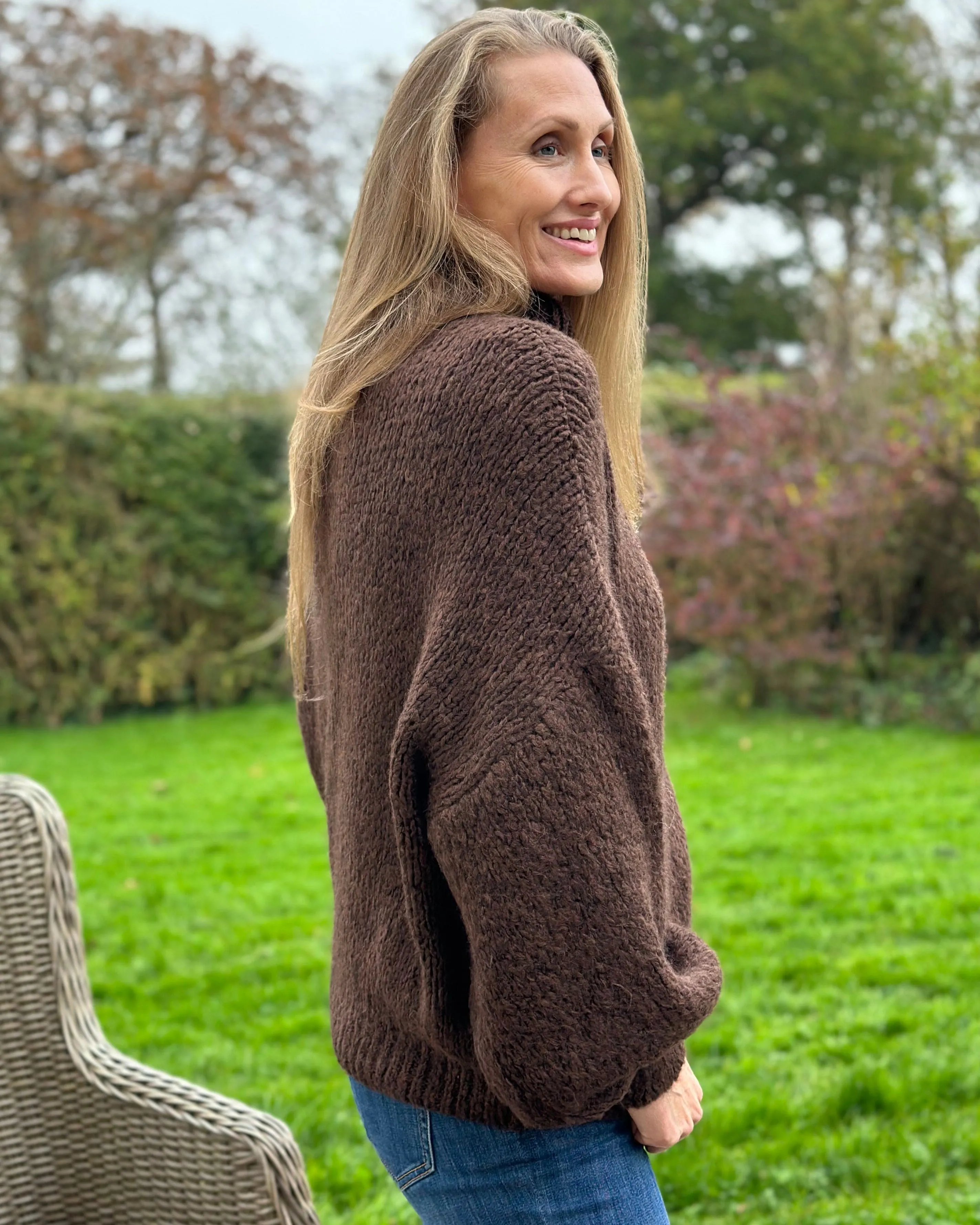 Chunky Knit Roll Neck Balloon Sleeve Jumper - Brown