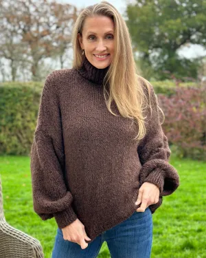 Chunky Knit Roll Neck Balloon Sleeve Jumper - Brown