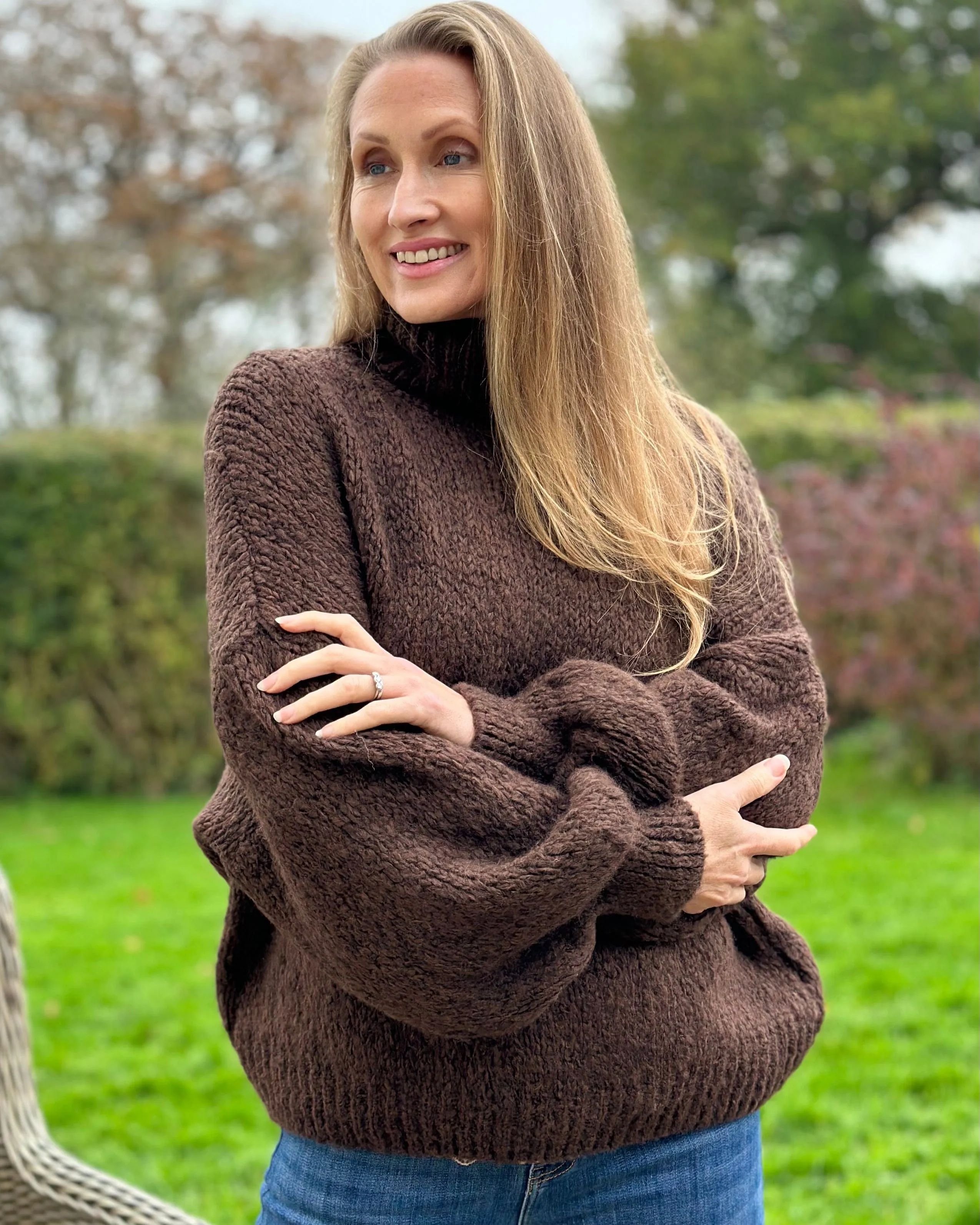 Chunky Knit Roll Neck Balloon Sleeve Jumper - Brown