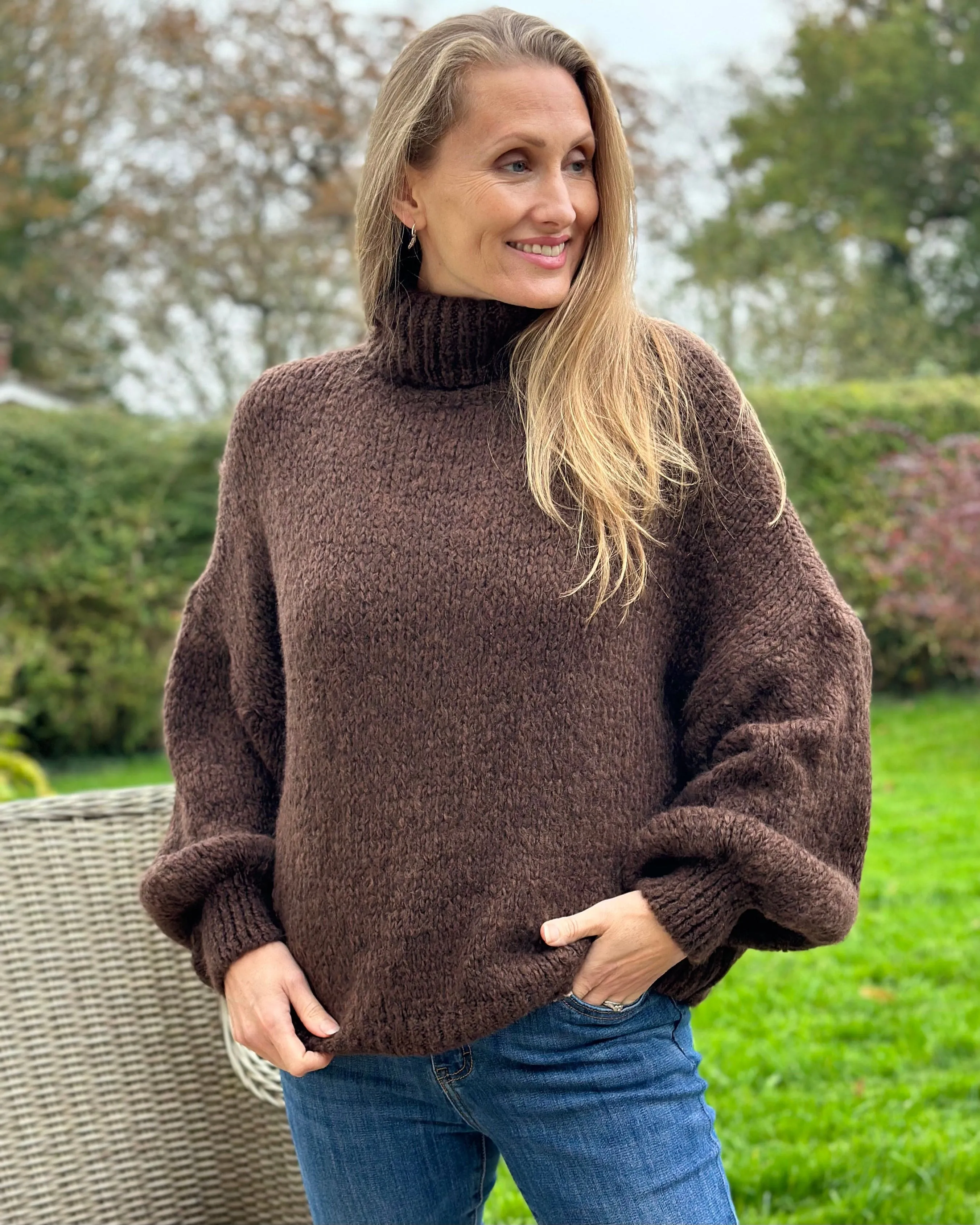 Chunky Knit Roll Neck Balloon Sleeve Jumper - Brown