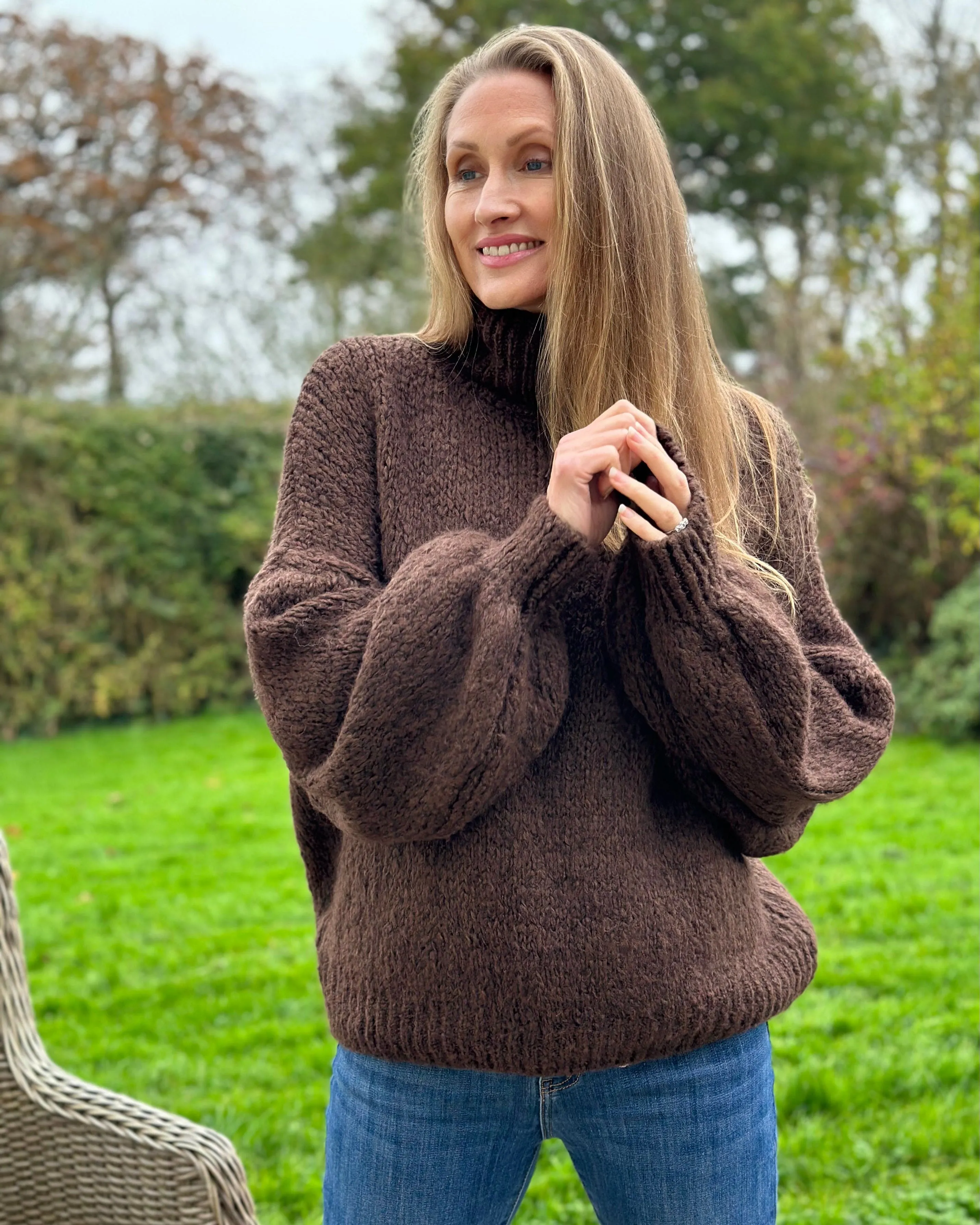 Chunky Knit Roll Neck Balloon Sleeve Jumper - Brown