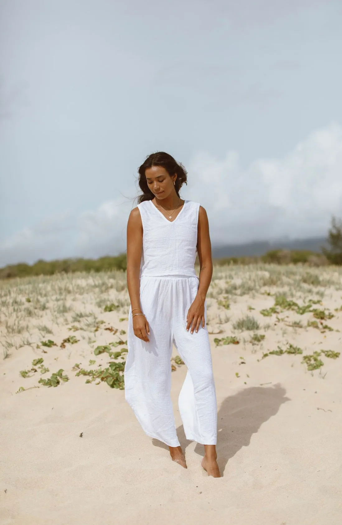 Cropped Seaside Gauze Pants- White