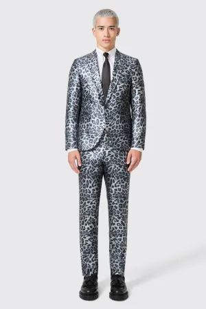 Devries Slim Fit Silver Leopard Print Tuxedo Suit