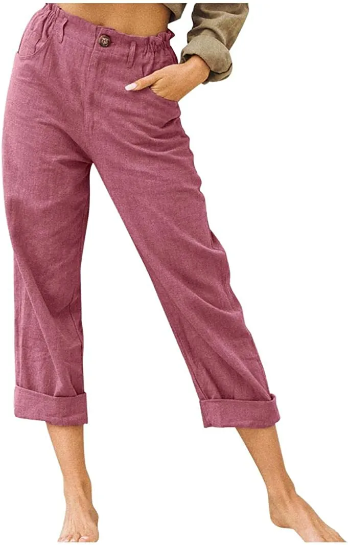 DressBetty - Linen Buttons Cropped Pants High Elastic Waist Stretch Capris Casual Work Crop Pants