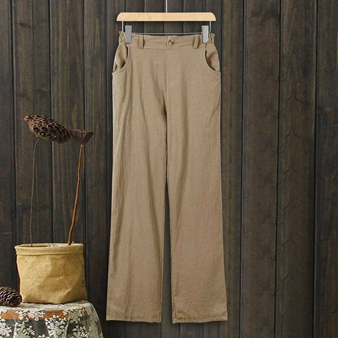 DressBetty - Linen Buttons Cropped Pants High Elastic Waist Stretch Capris Casual Work Crop Pants