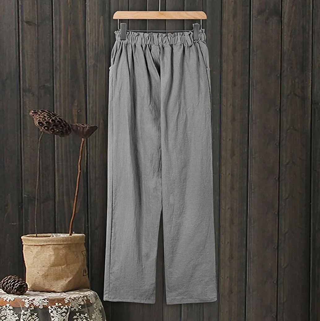 DressBetty - Linen Buttons Cropped Pants High Elastic Waist Stretch Capris Casual Work Crop Pants