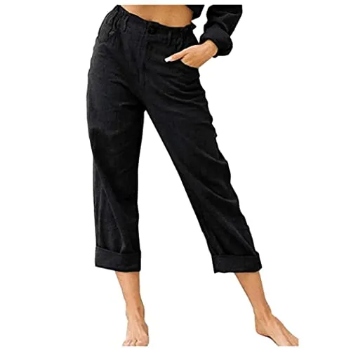 DressBetty - Linen Buttons Cropped Pants High Elastic Waist Stretch Capris Casual Work Crop Pants