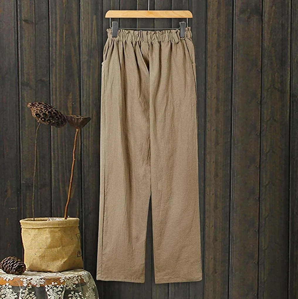 DressBetty - Linen Buttons Cropped Pants High Elastic Waist Stretch Capris Casual Work Crop Pants