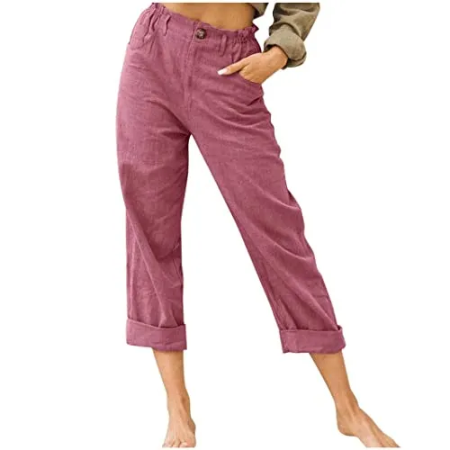 DressBetty - Linen Buttons Cropped Pants High Elastic Waist Stretch Capris Casual Work Crop Pants