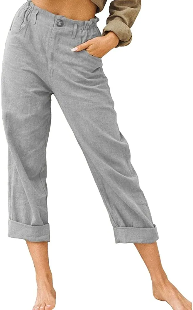 DressBetty - Linen Buttons Cropped Pants High Elastic Waist Stretch Capris Casual Work Crop Pants