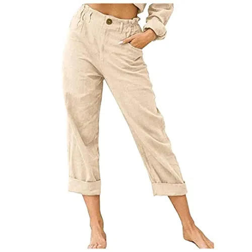 DressBetty - Linen Buttons Cropped Pants High Elastic Waist Stretch Capris Casual Work Crop Pants