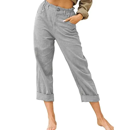 DressBetty - Linen Buttons Cropped Pants High Elastic Waist Stretch Capris Casual Work Crop Pants