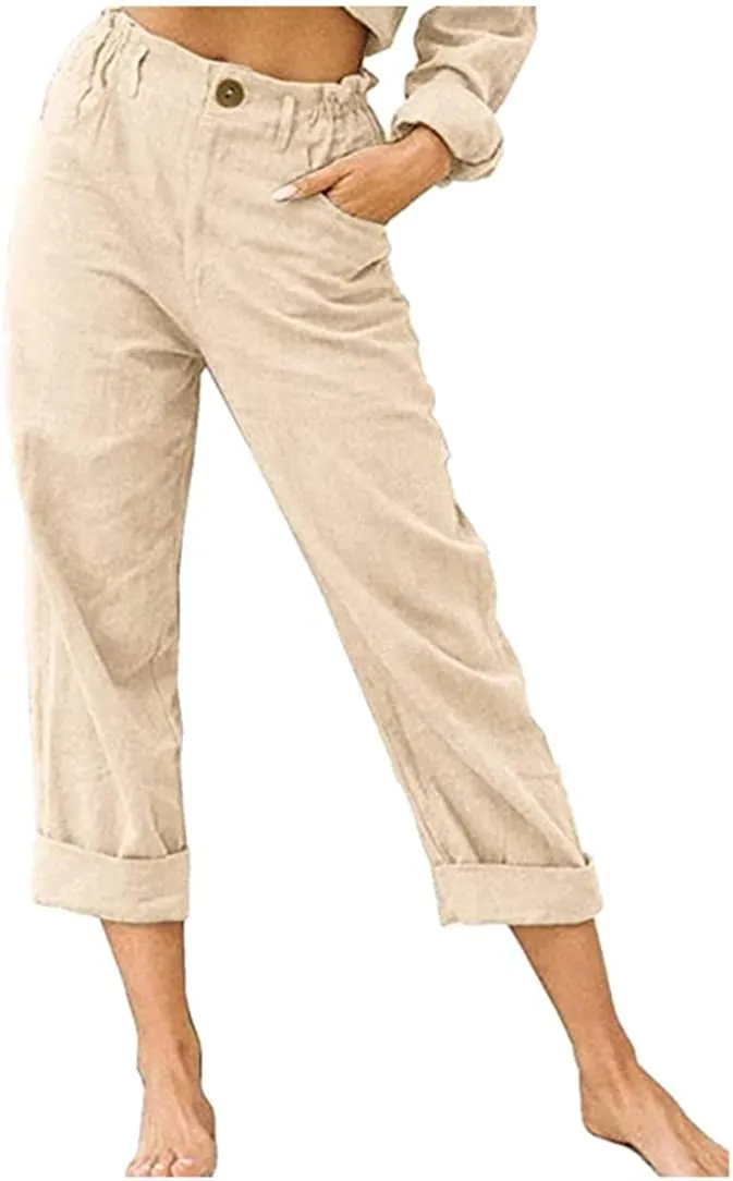 DressBetty - Linen Buttons Cropped Pants High Elastic Waist Stretch Capris Casual Work Crop Pants