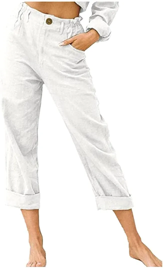 DressBetty - Linen Buttons Cropped Pants High Elastic Waist Stretch Capris Casual Work Crop Pants