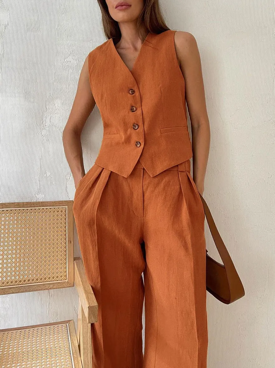 Linen Sleeveless Vest & Long Pant Set