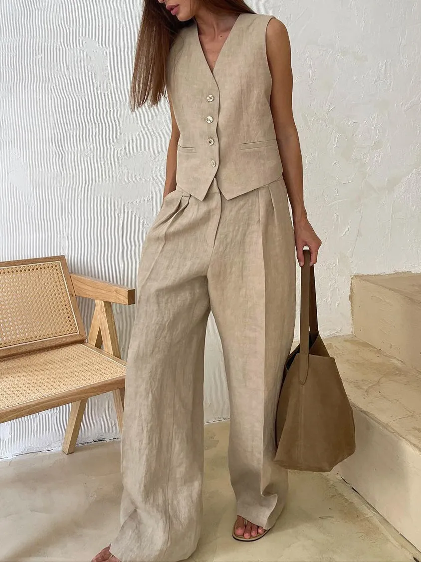 Linen Sleeveless Vest & Long Pant Set