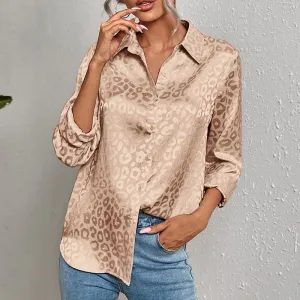 Long Sleeve Leopard Print Blouse with Luxurious Satin Finish