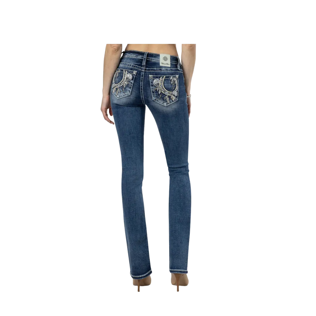 Miss Me Women's Floral Feathers Bootcut Dark Wash Jeans