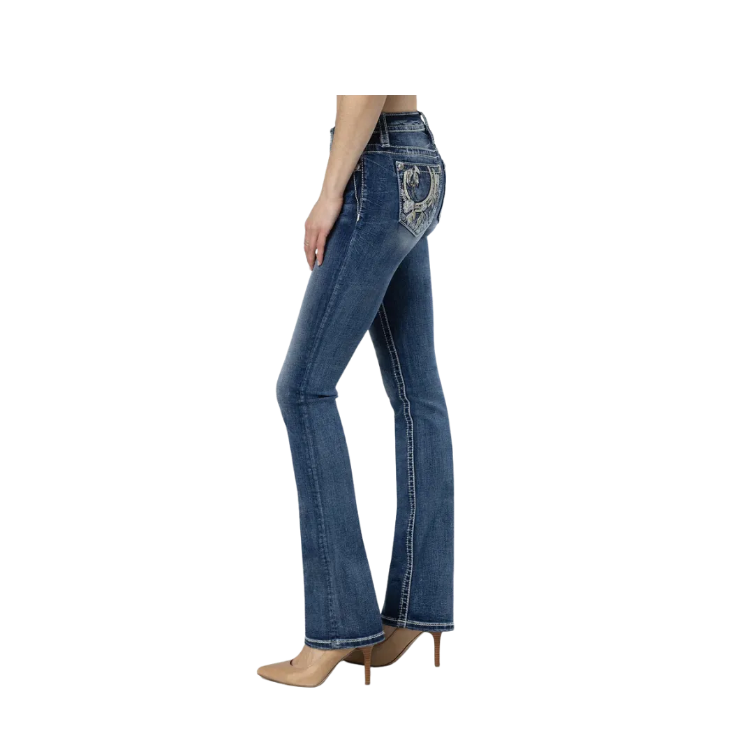 Miss Me Women's Floral Feathers Bootcut Dark Wash Jeans