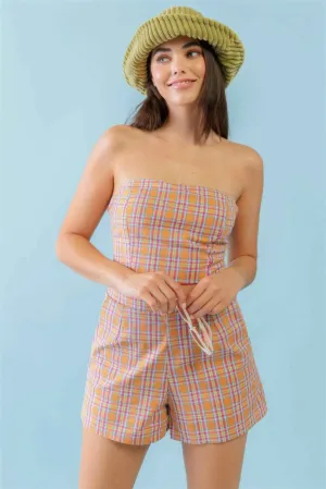 Orange & Aqua Plaid Print Cotton Strapless Crop Top & High Waist Two Pocket