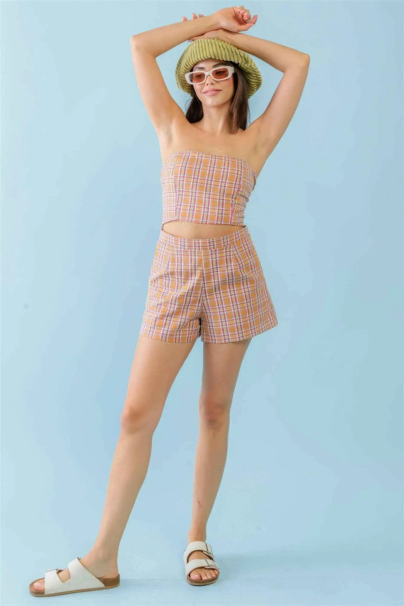 Orange & Aqua Plaid Print Cotton Strapless Crop Top & High Waist Two Pocket