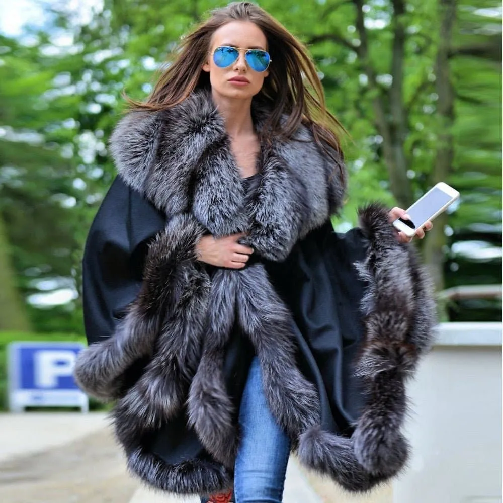 Silver Fox Fur Collar Cashmere Cape with Glamorous Style and Superior Warmth