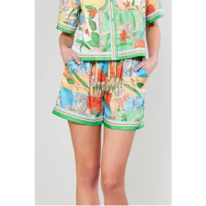 Tropical Color Block Print Pull Up Shorts