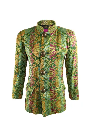 Vintage Mens Green Satin Jacquard Nehru Collar Jacket, 1980s