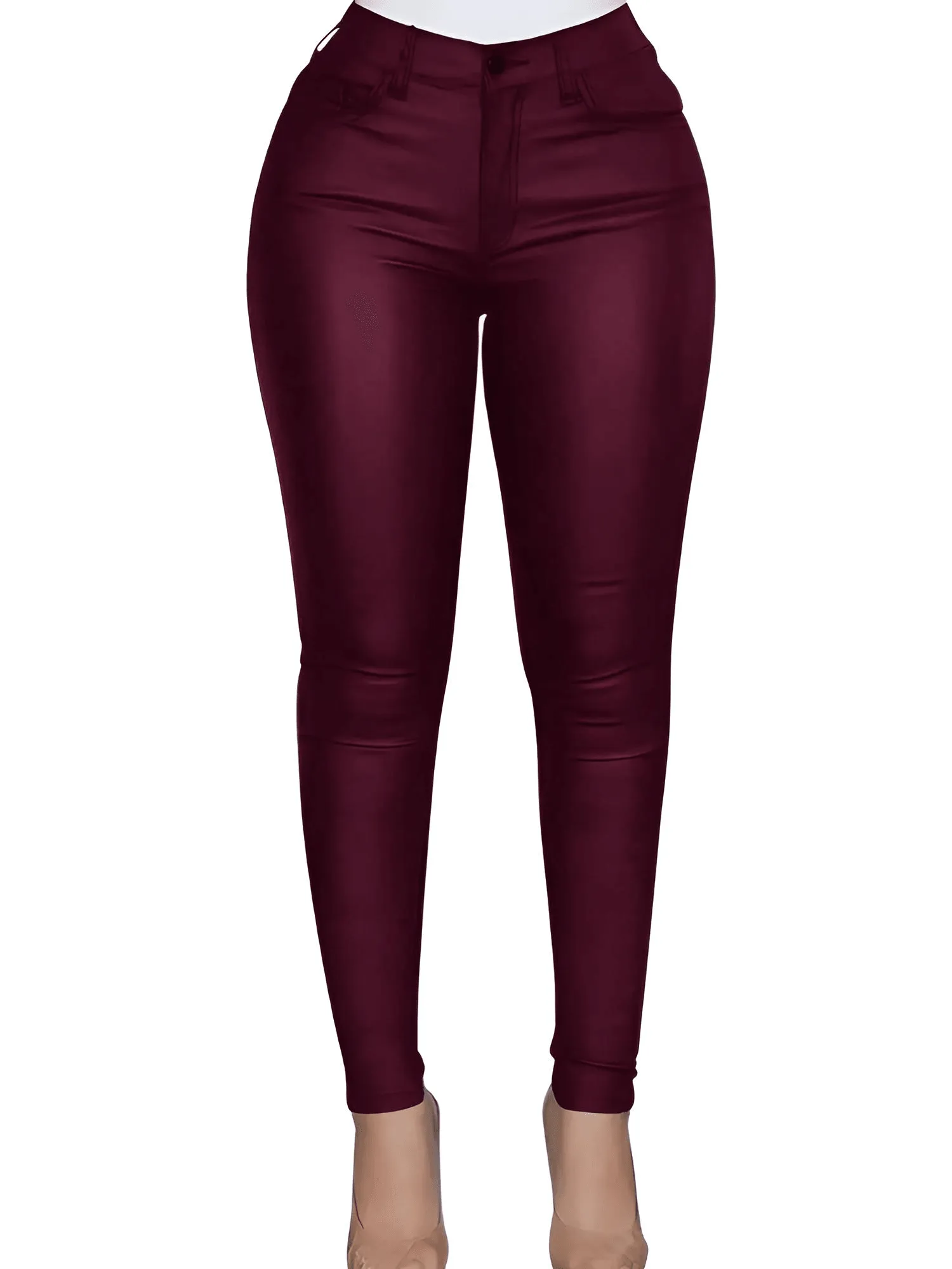 Women's Trendy Leather Pants High Waist Stretchy Thermal Lined Slant Pocket Faux Leather Skinny Pants Casual Trousers